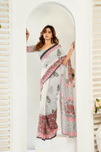 Vastranavya Green Digital Printed Linen Ready To Wear Designer Saree with Unstitched Blouse - Distacart