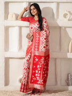 Shree Shyam Fashion Linen Cotton Red & White Saree - Distacart