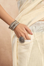Vastranavya Off White Digital Printed Linen Ready To Wear Pocket Saree with Unstitched Blouse - Distacart