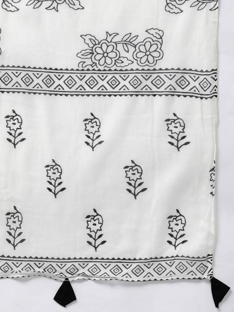Yufta Women Black & White Ethnic Print Sequined Pure Cotton Kurta with Trouser and Dupatta