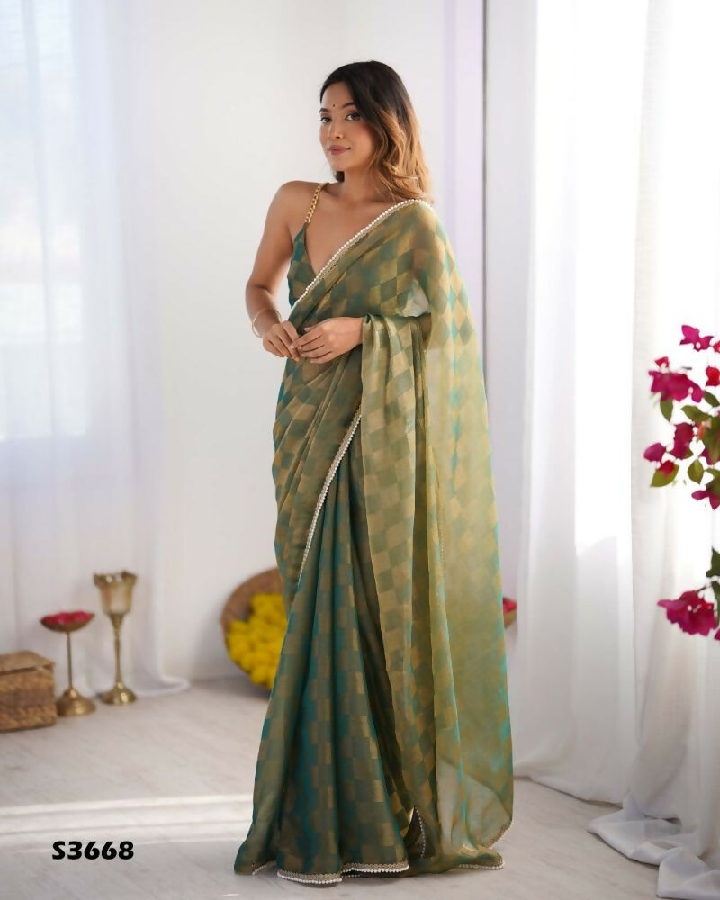 NC Chiffon Chex Wevon Chex Designer, Lace Party Wear Saree - Green