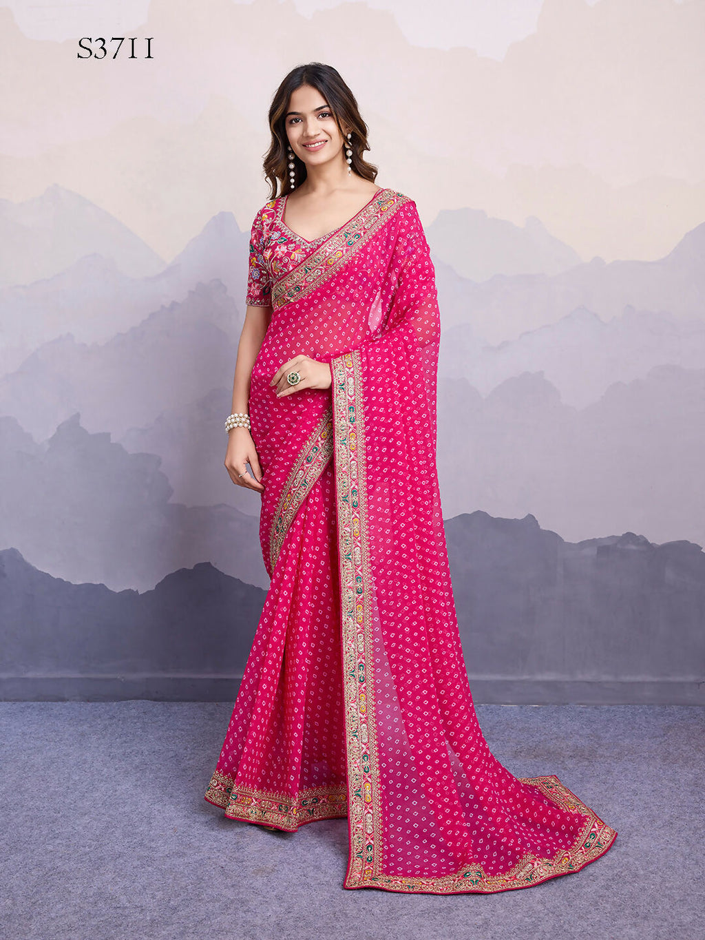 Pink Georgette Bandhani Printed,Embroidery Work Saree - Surkhi