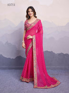 Pink Georgette Bandhani Printed,Embroidery Work Saree - Surkhi