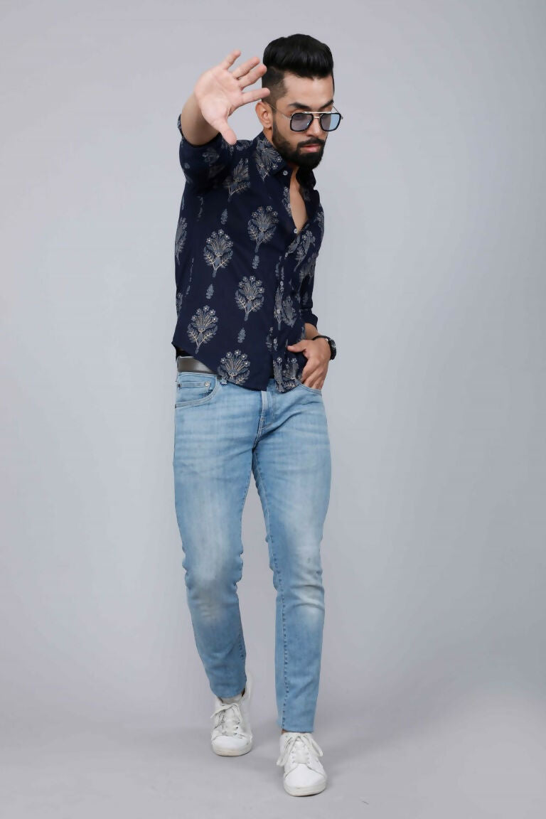 Miravan Men's Blue Spread Collar Floral Print Shirt
