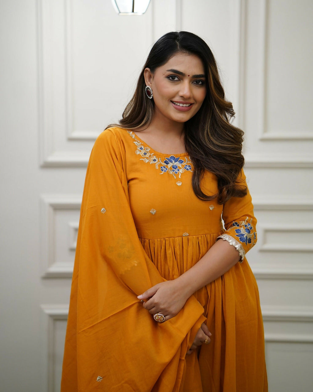 The52 Orange Women's Gorgeous Viscose Fabric Embroidered Work Flared Kurta Pant and Dupatta Set - Distacart
