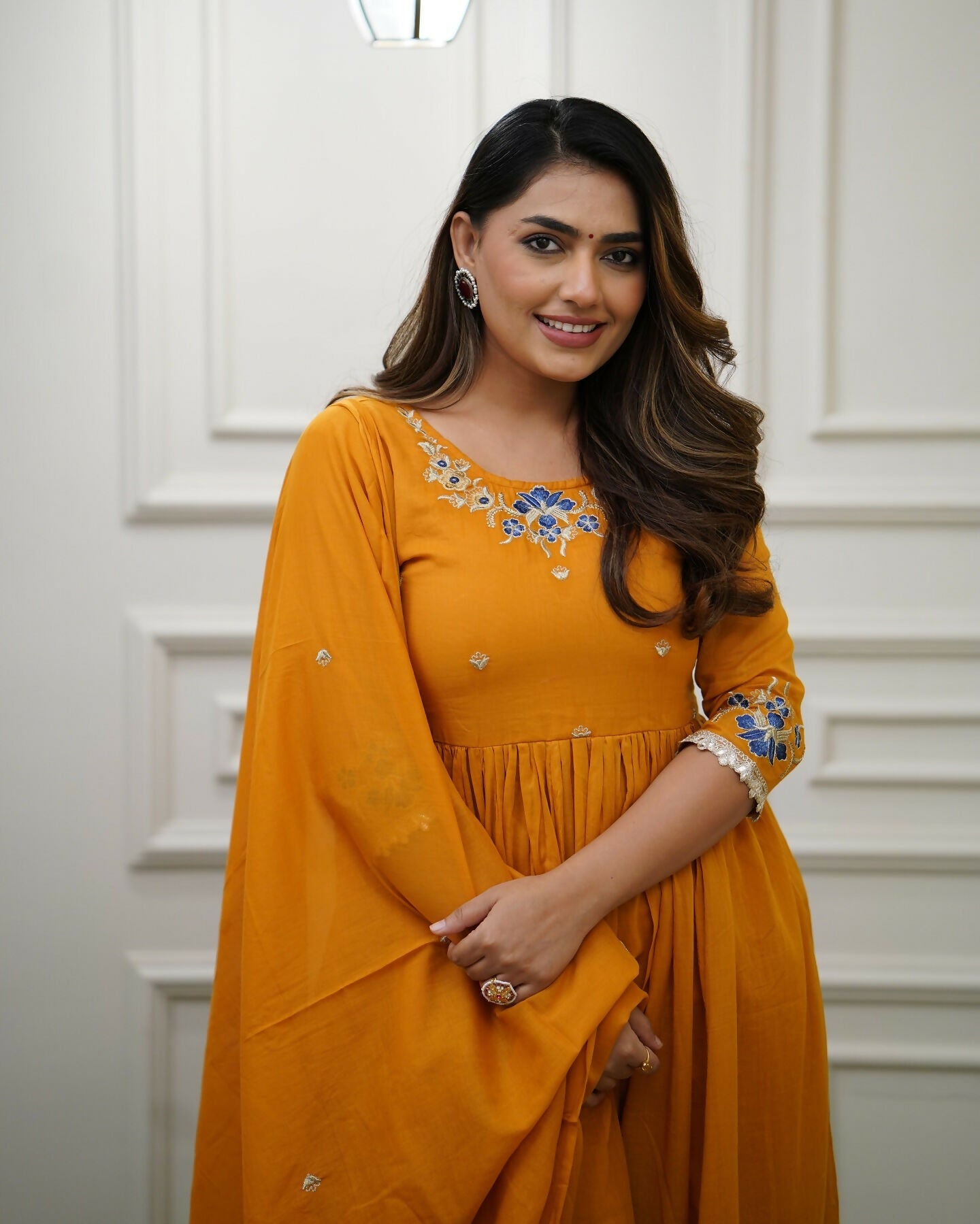 The52 Orange Women's Gorgeous Viscose Fabric Embroidered Work Flared Kurta Pant and Dupatta Set - Distacart
