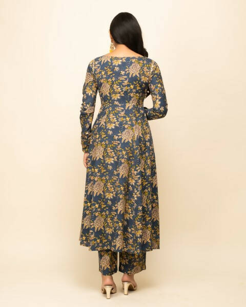 FIORRA Women's Navy Blue Cotton A-Line Kurta Pant With Dupatta