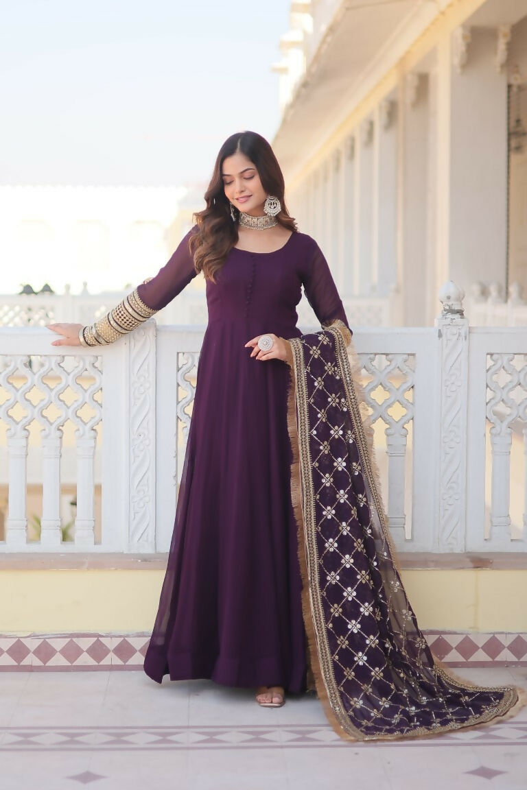 Jyoti Fashion Women's Wine Faux Blooming Sequins Zari Embroidered Anarkali Dress with Dupatta
