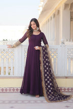 Jyoti Fashion Women's Wine Faux Blooming Sequins Zari Embroidered Anarkali Dress with Dupatta