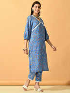 Myshka Women's Blue Printed Party Kurta Sets
