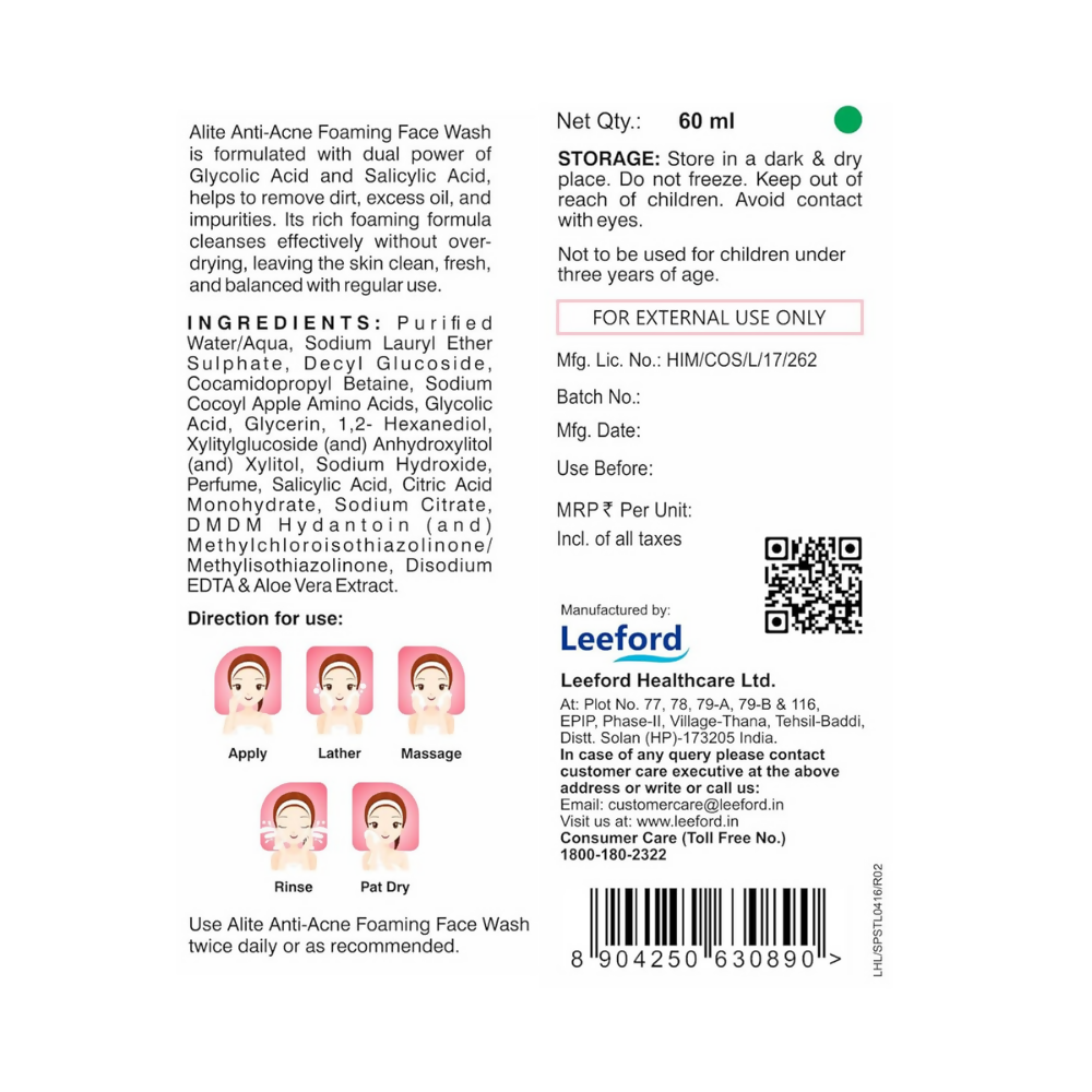 Alite Anti Acne 5-in-1 Foaming Face Wash with 4% Glycolic Acid & 1% Salicylic Acid - Distacart