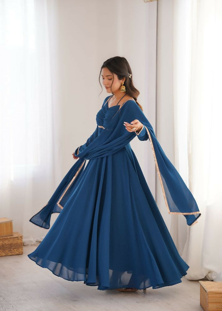 Teeya Creation Blue Faux Georgette Designer Party Wear Long Gown - Distacart