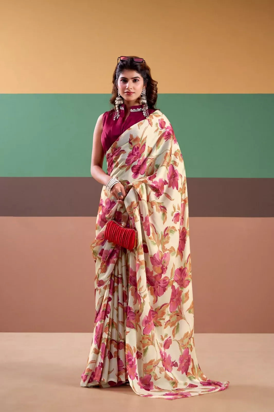Vastranavya Pink Satin Silk Floral Printed Saree with Stitched Blouse - Distacart