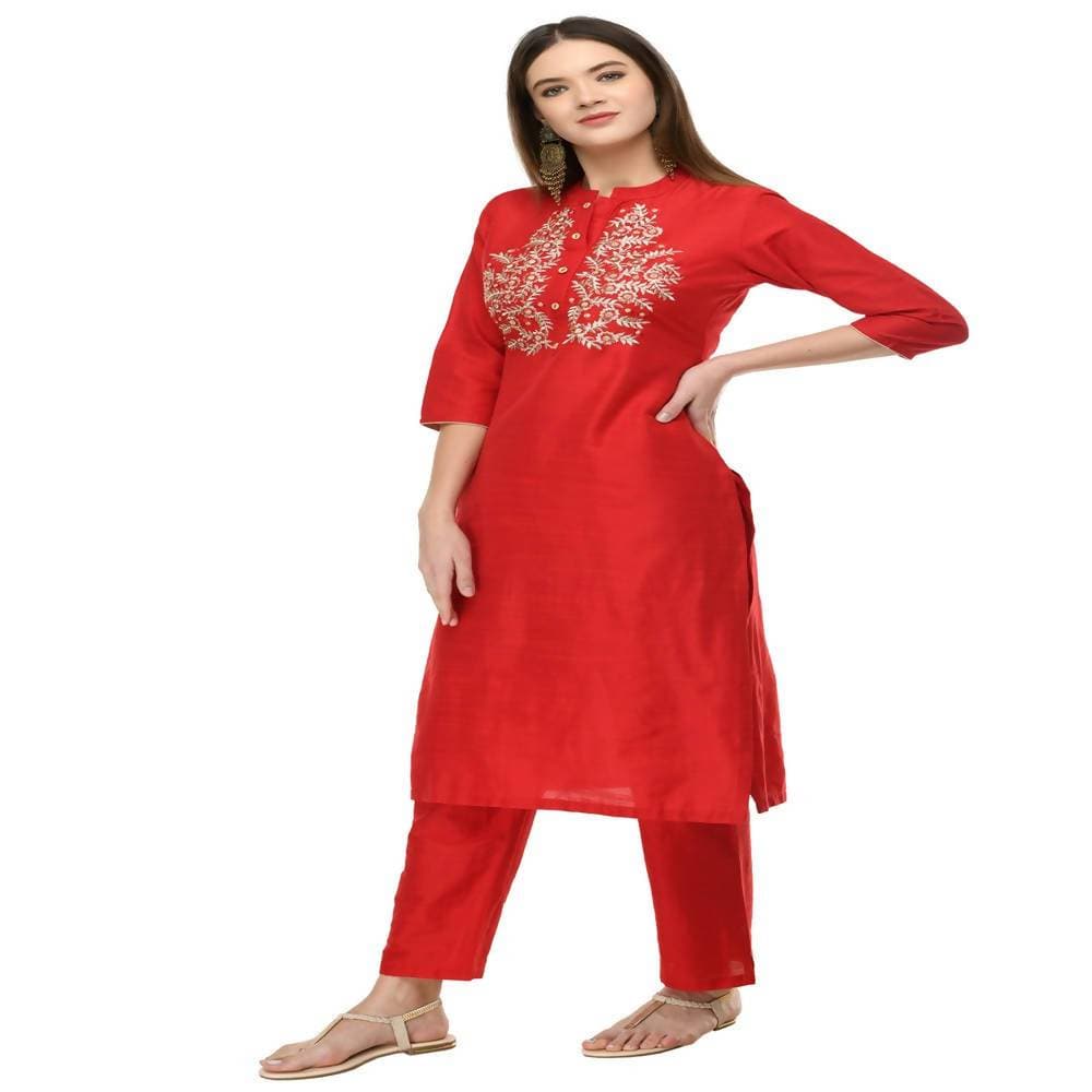 Lagi Women's Red Poly silk Straight Embroidred Kurta & Pant (RO116B)