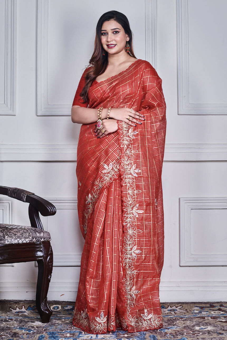 Morchari Red Kota Check Zari Embroidery Saree Unstitched Blouse - Distacart