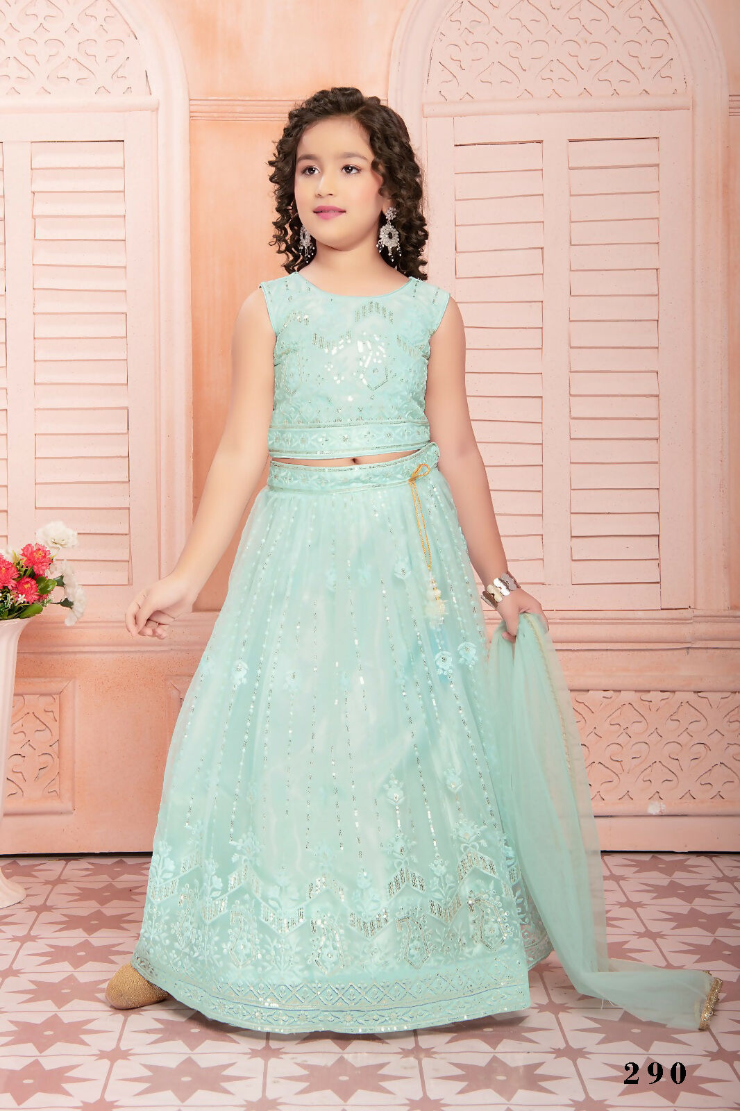 Kids Functional Designer Ocean Blue soft Net Lehenga choli - Aaradhna