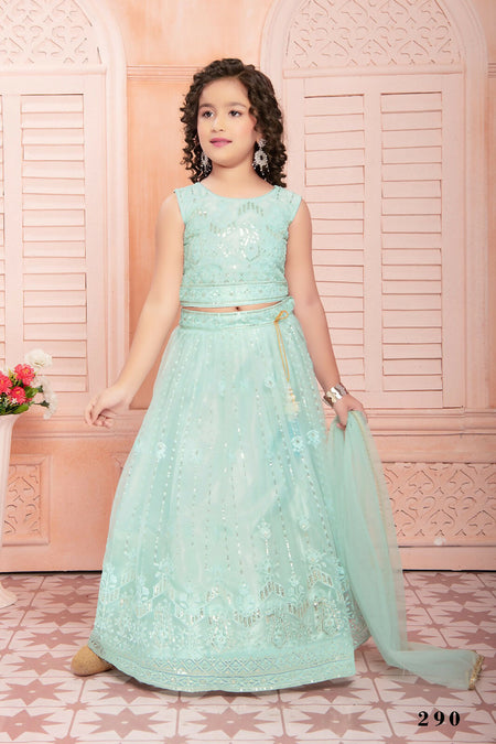 Kids Functional Designer Ocean Blue soft Net Lehenga choli - Aaradhna