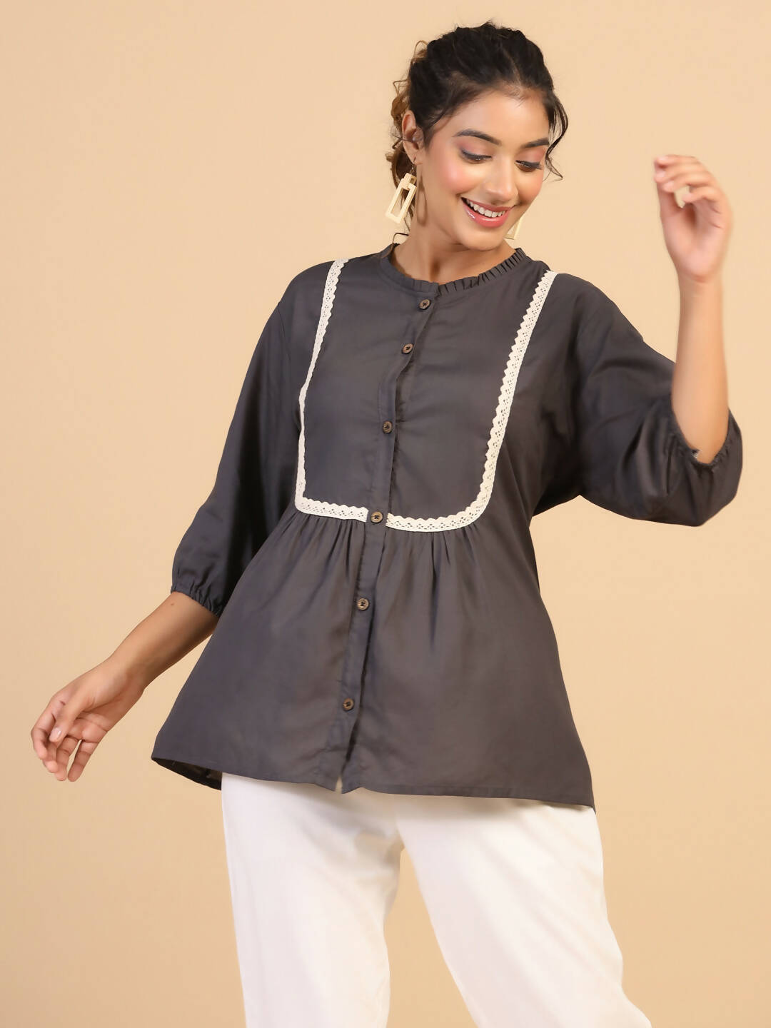 Womens Grey Rayon Solid Top - Keeva