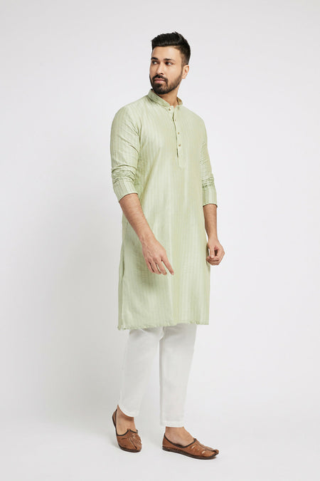 Ethnic India Green Men's Kurta Striped Polyester