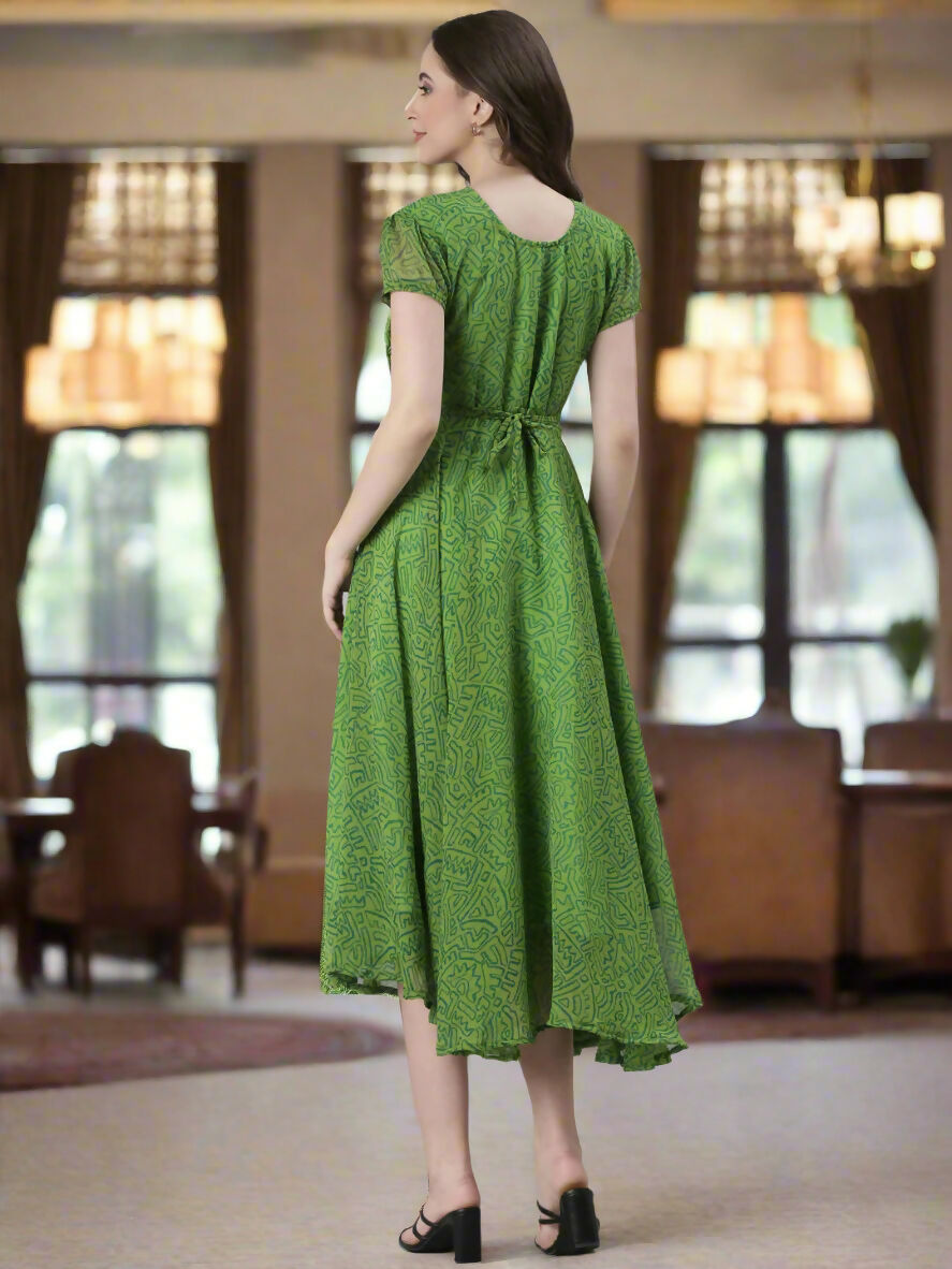 Souchii Green Printed Midi Dress – Flowy Fit & Flare