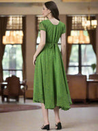 Souchii Green Printed Midi Dress – Flowy Fit & Flare