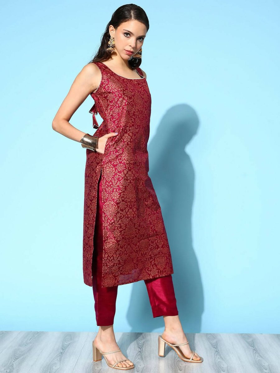 Ahalyaa Women's Wine Poly Silk Gold Paste Printed Kurta Pant Set - Distacart