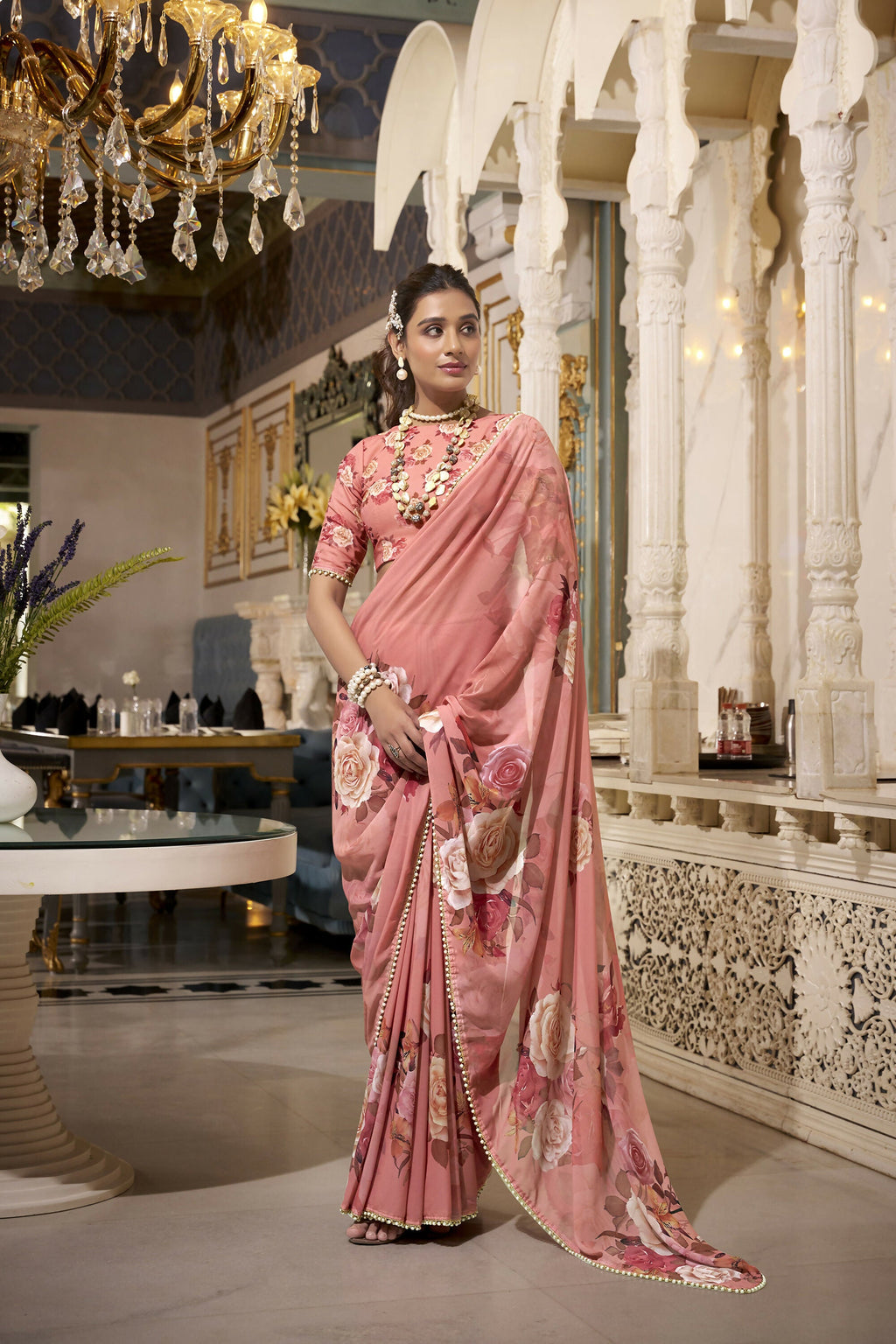 Vastranavya Orange Spectacular Georgette Printed with Pearl Lace Saree with Unstitched Blouse - Distacart