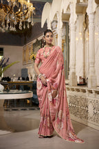 Vastranavya Orange Spectacular Georgette Printed with Pearl Lace Saree with Unstitched Blouse - Distacart