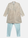 Ahalyaa Powder Blue Poly Silk Gold Print Kids Kurta Churidar Set For Boys