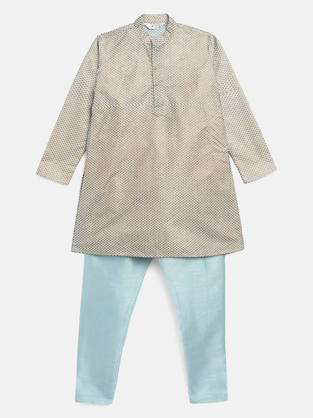 Ahalyaa Powder Blue Poly Silk Gold Print Kids Kurta Churidar Set For Boys