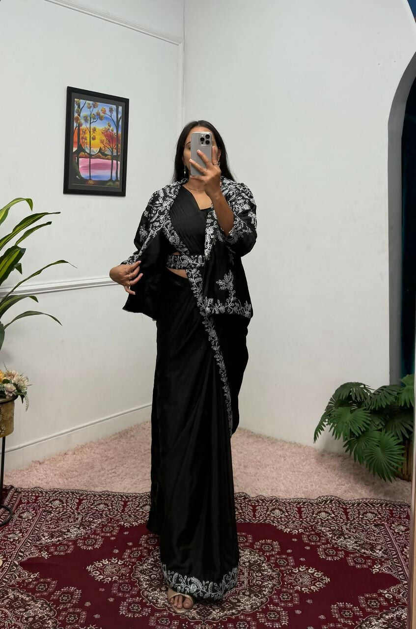 Teeya Creation Black Color Chinon Silk Wedding Wear Ready To Wear Saree With Koti - Distacart