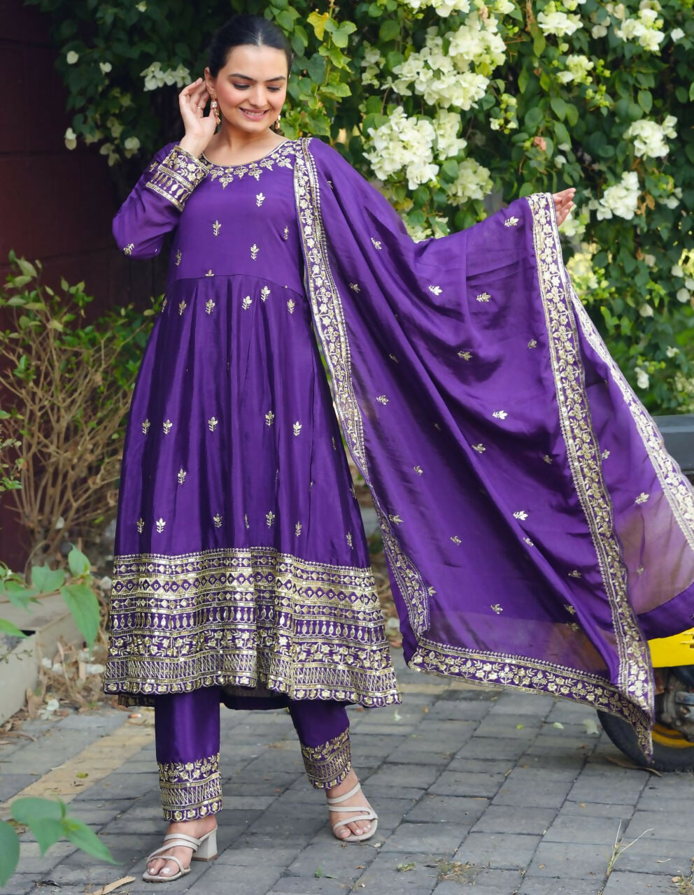Teeya Creation Purple Color Chinon Silk Embroidery Work Long Gown