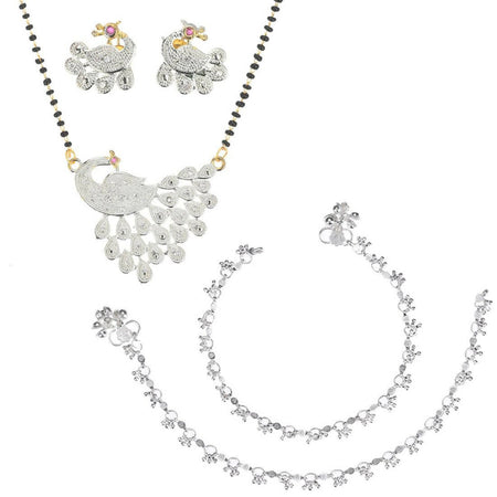 AanyaCentric Gold-Polished Mangalsutra Pendant Earring Set & Silver Plated Anklet