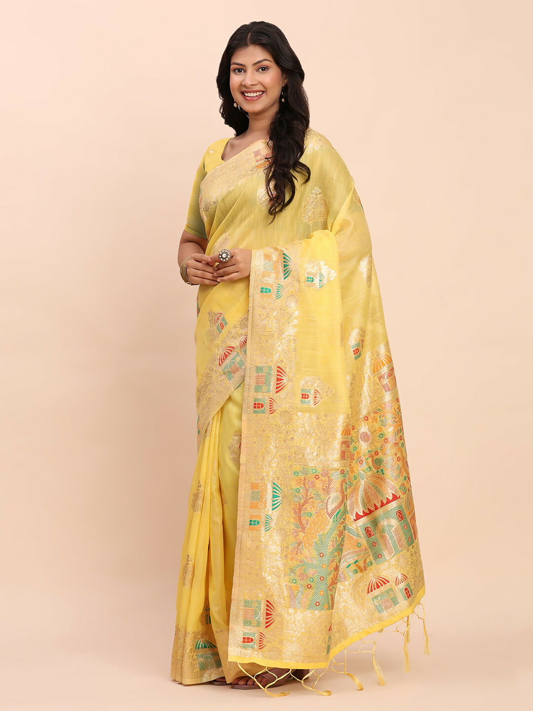Shree Shyam Fashion Linen Cotton Yellow Saree - Distacart