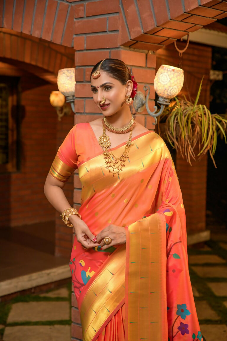 Jyoti Fashion Women's Orange Paithani Silk Zari Woven Saree with Blouse