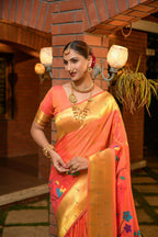 Jyoti Fashion Women's Orange Paithani Silk Zari Woven Saree with Blouse
