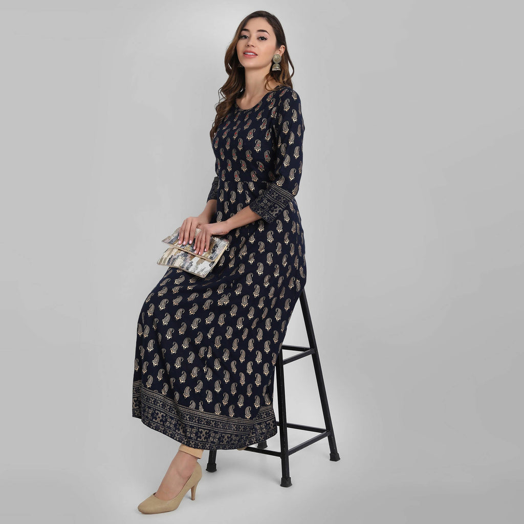 Juniper Women's Navy Rayon Printed Flared Dress - Distacart