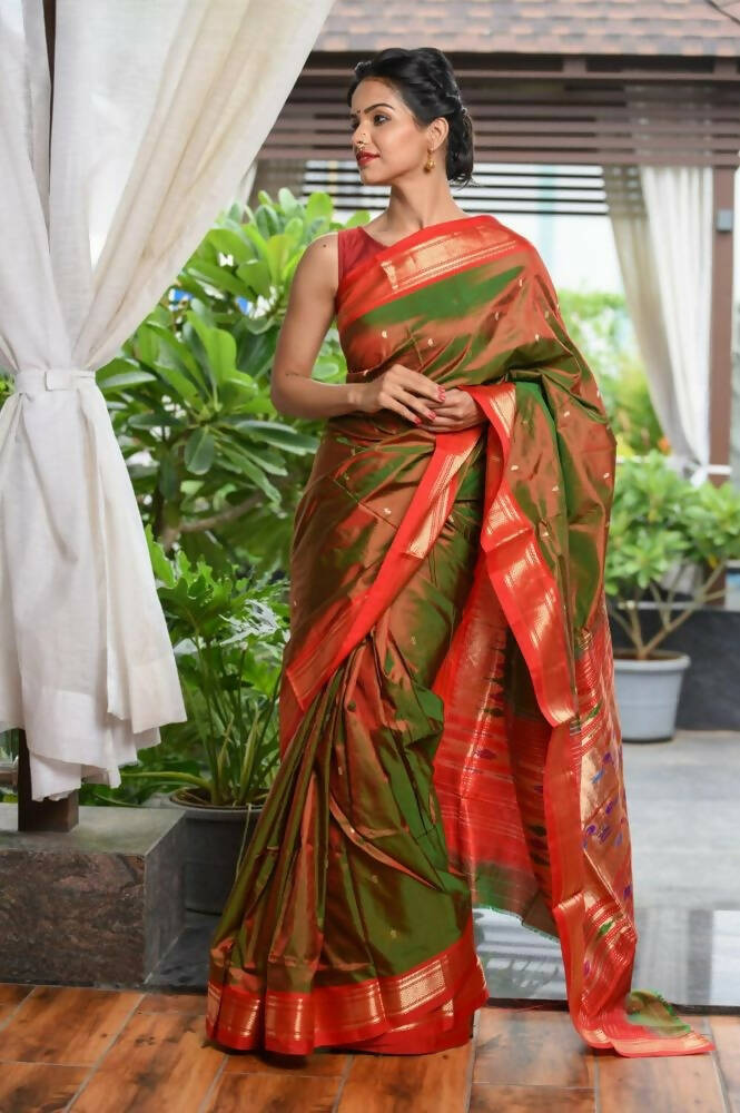 Very Much Indian Pure Silk Yeola Handloom Green Red Dual Tone - Paithani Saree With Traditional Double Pallu - Distacart