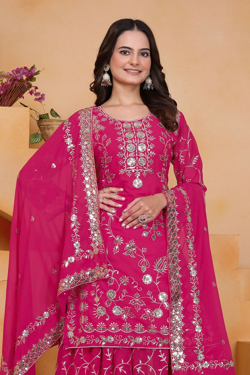 Teeya Creation Pink Color Faux Georgette Embroidery Work Wedding Wear Palazzo Set - Distacart