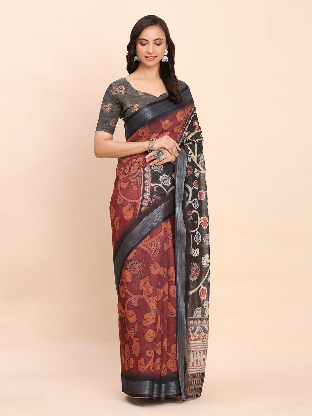 Shree Shyam Fashion Linen Cotton Maroon Saree - Distacart