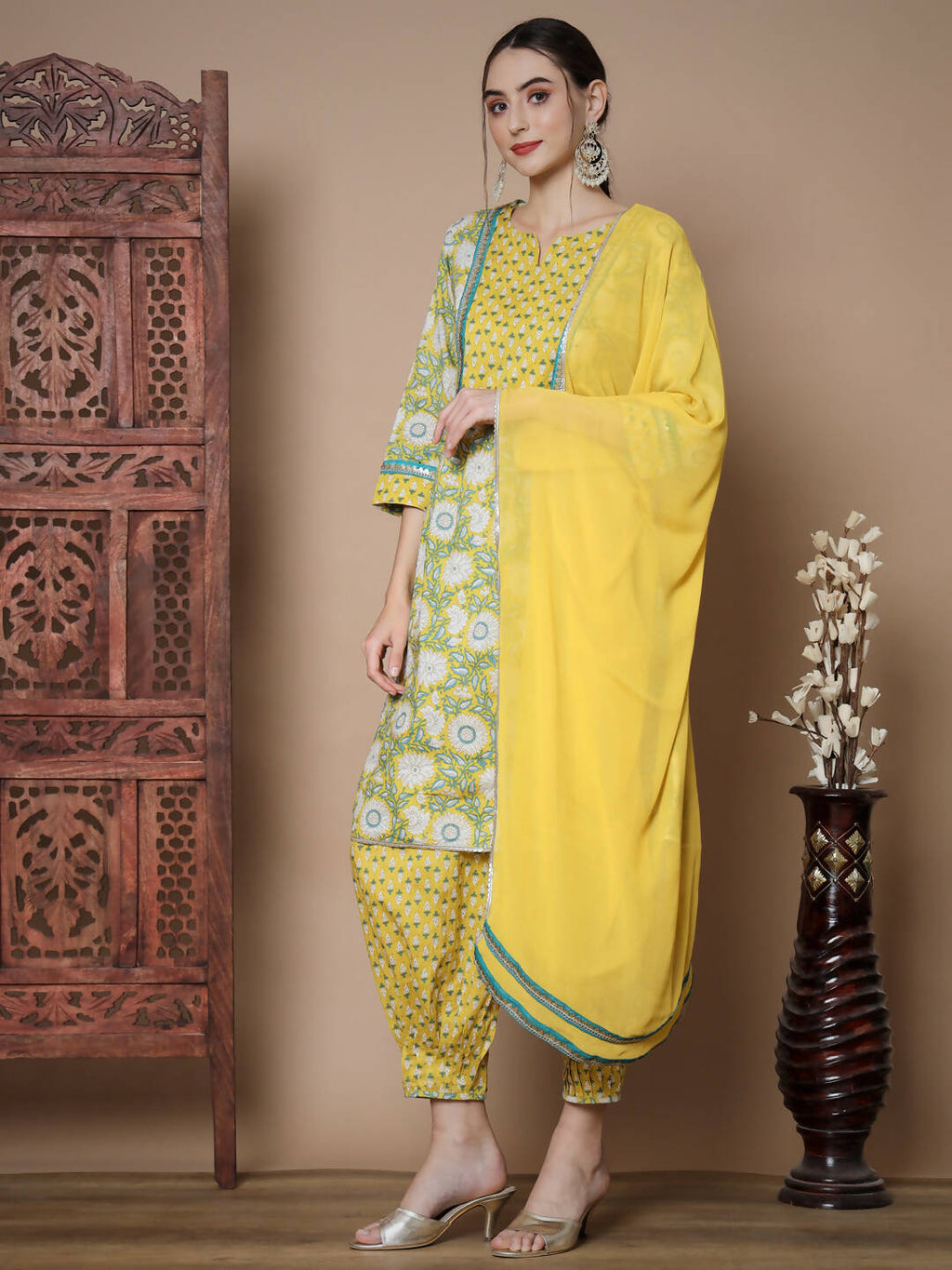 Myshka Women's Yellow A-Line Kurta & Salwar With Dupatta
