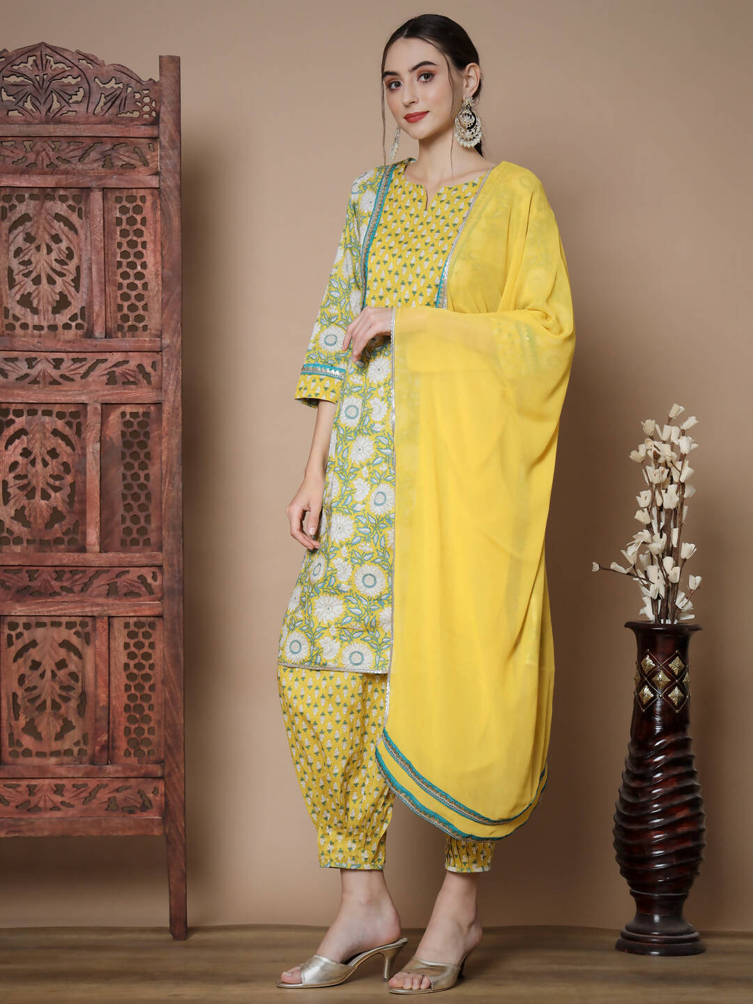Myshka Women's Yellow A-Line Kurta & Salwar With Dupatta
