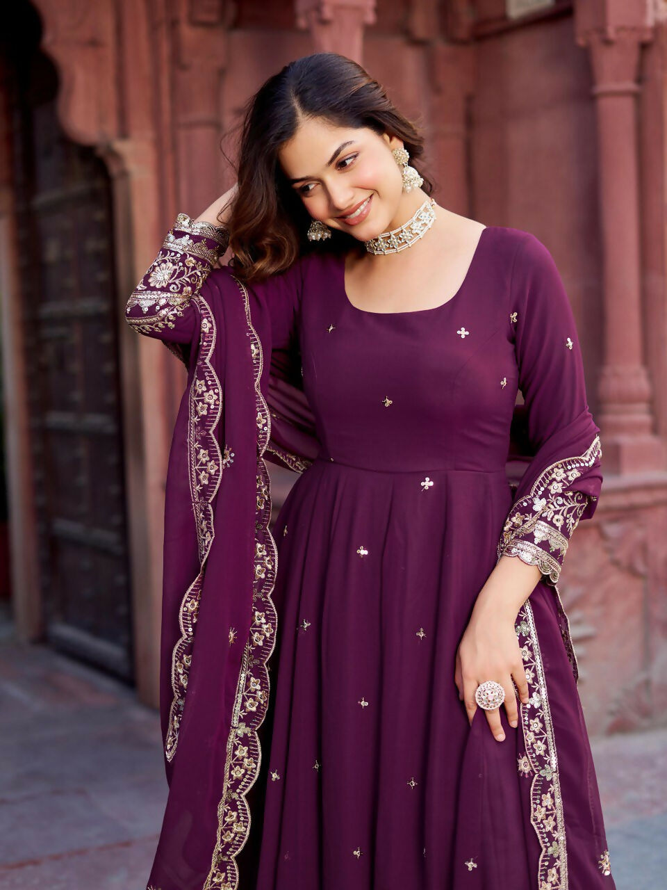 The52 Women's Beautiful Faux Georgette Fabric Embroidery Work Flared Anarkali Pant and Dupatta Set - Distacart