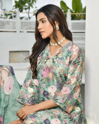 Vaasva Women's Green Tissue Gota Embroidered Suit Set With Solid Pant And Embroidered Dupatta
