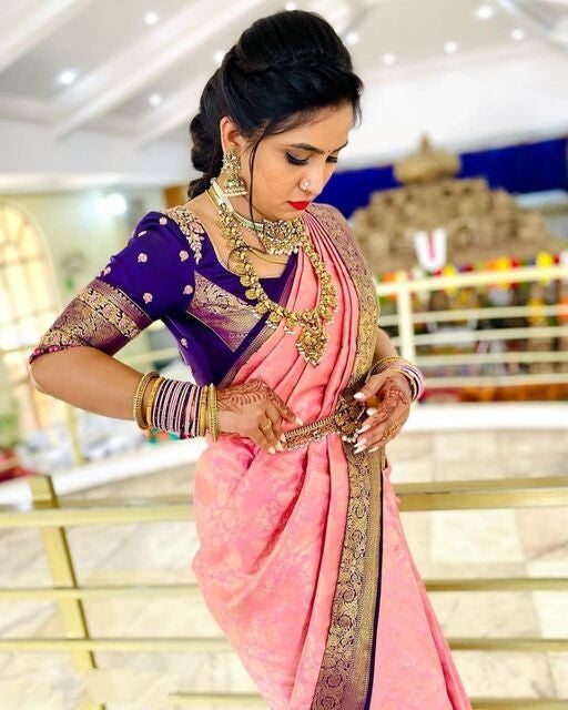 Vamika Weaving Banarasi Jacquard Pink Kanjivaram Saree - Distacart