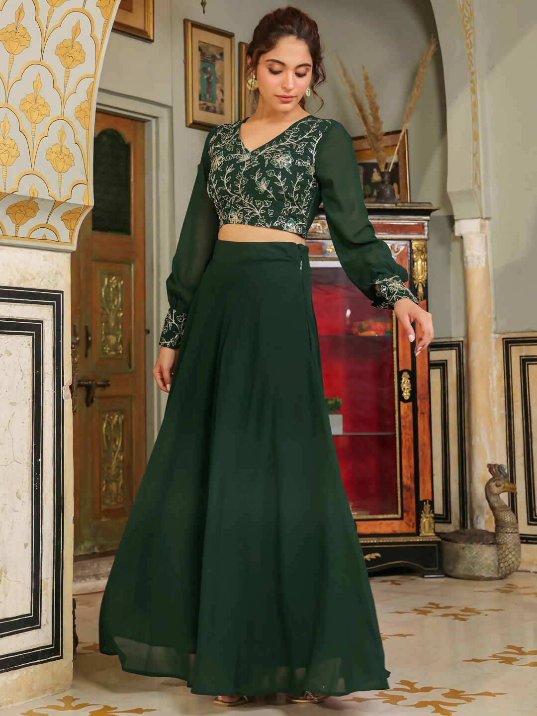 Janasya Dark Green Georgette Embroidered Top & Skirt