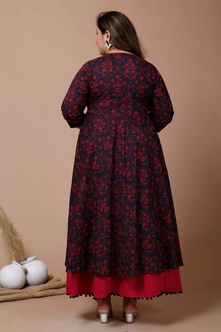 Miravan Women's Plus Size Navy Blue Printed Cotton Anarkali Kurta & Dupatta 