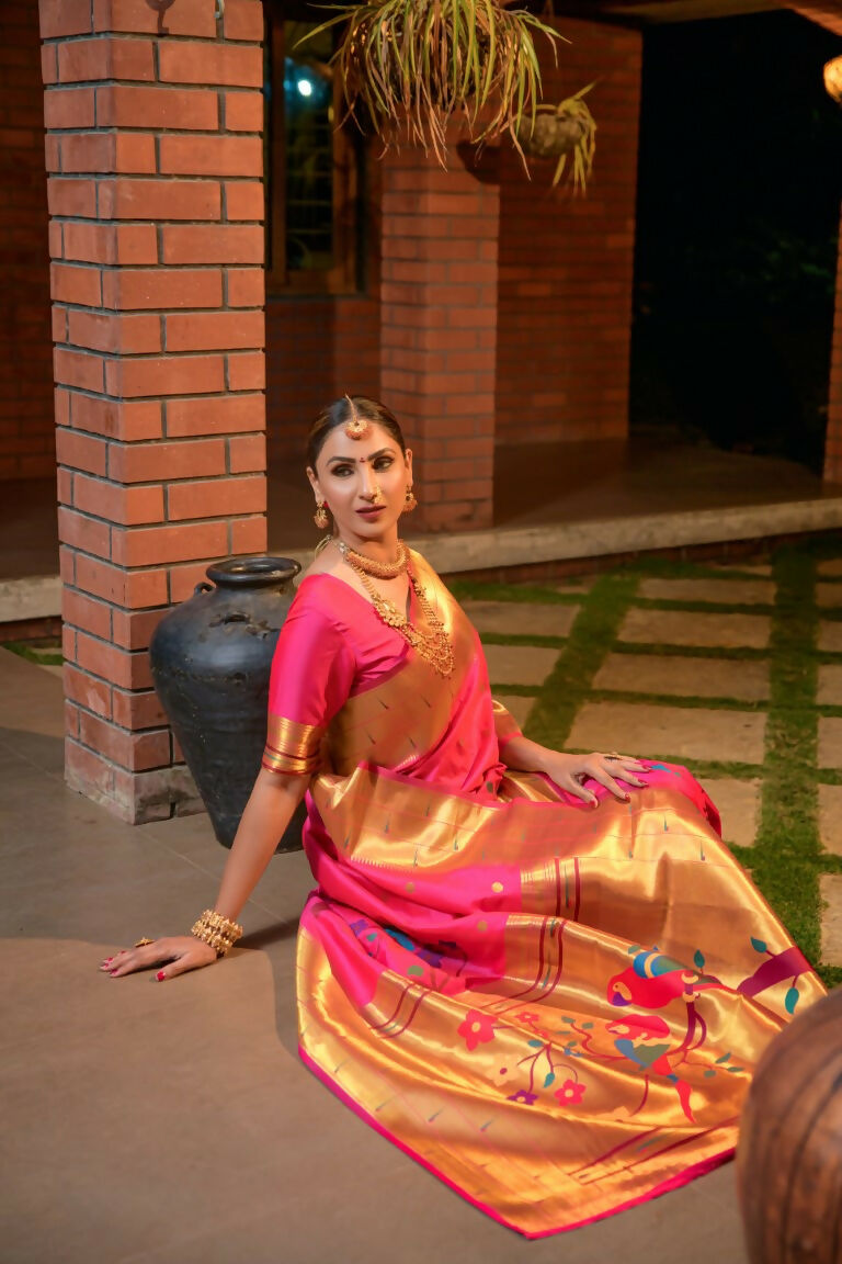 Jyoti Fashion Women's Baby Pink Paithani Silk Zari Woven Saree with Blouse