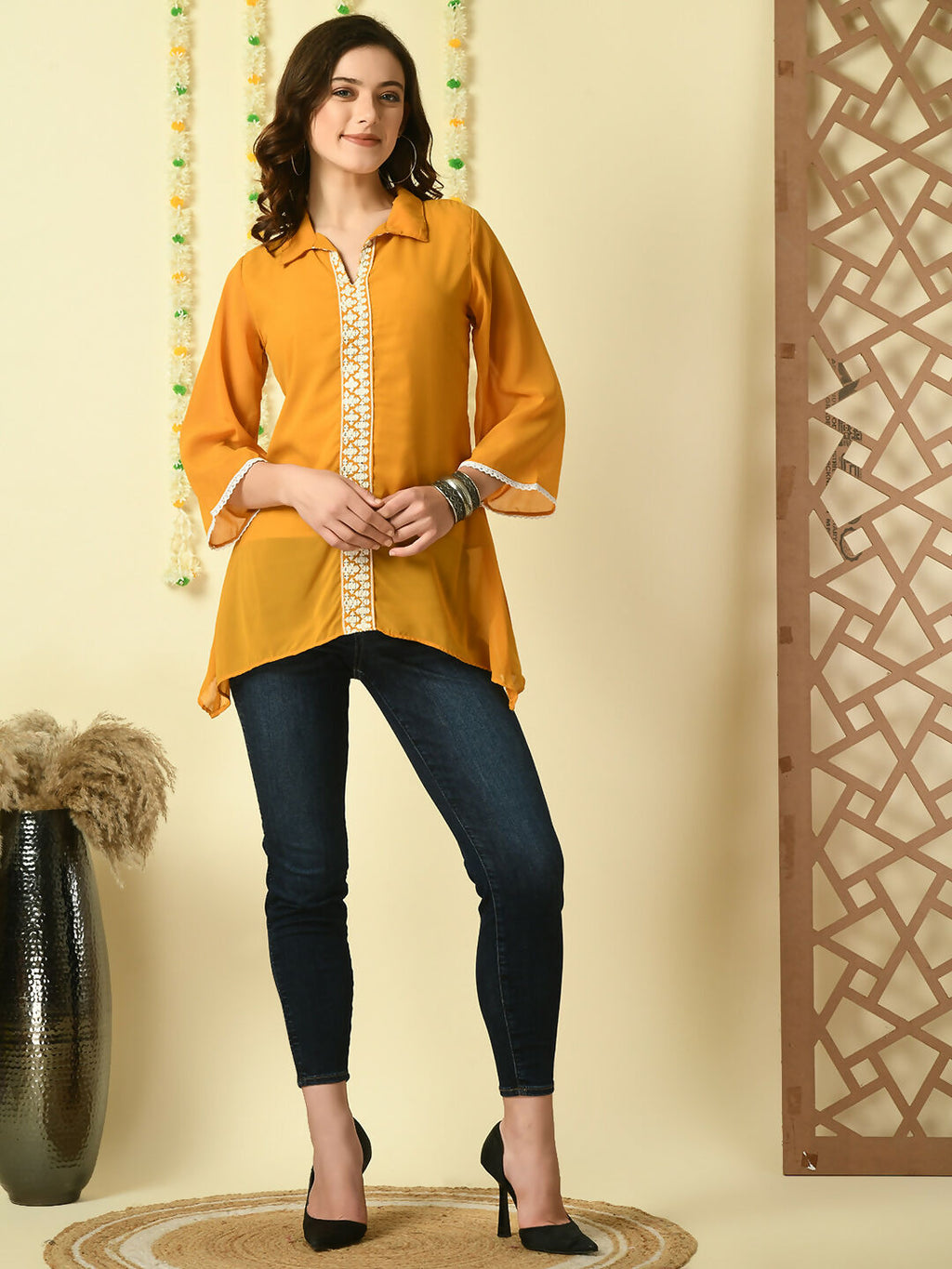 Myshka Women's Mustard Embroidered Party Fusion Top