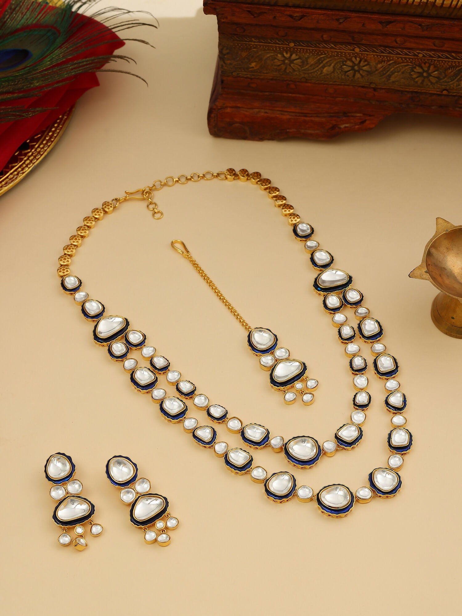 Ruby Raang 22k Gold Polished Blue Meenakari Kundan Layered Necklace With Earrings & Maang Tikka